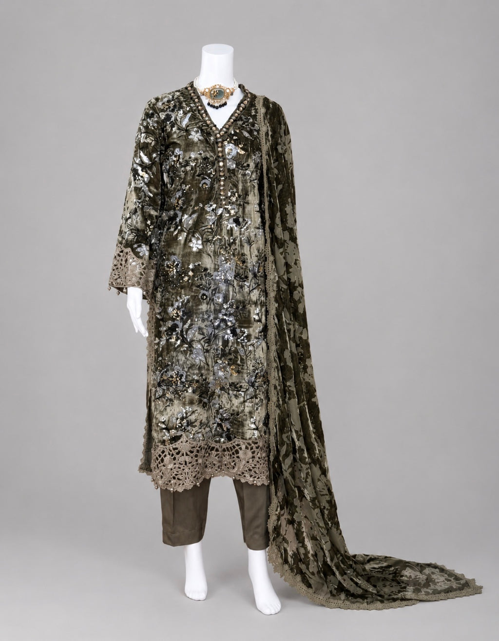 D3 VELVET-Olive Grey Embroidered 3-Piece Suit with Luxury Dupatta