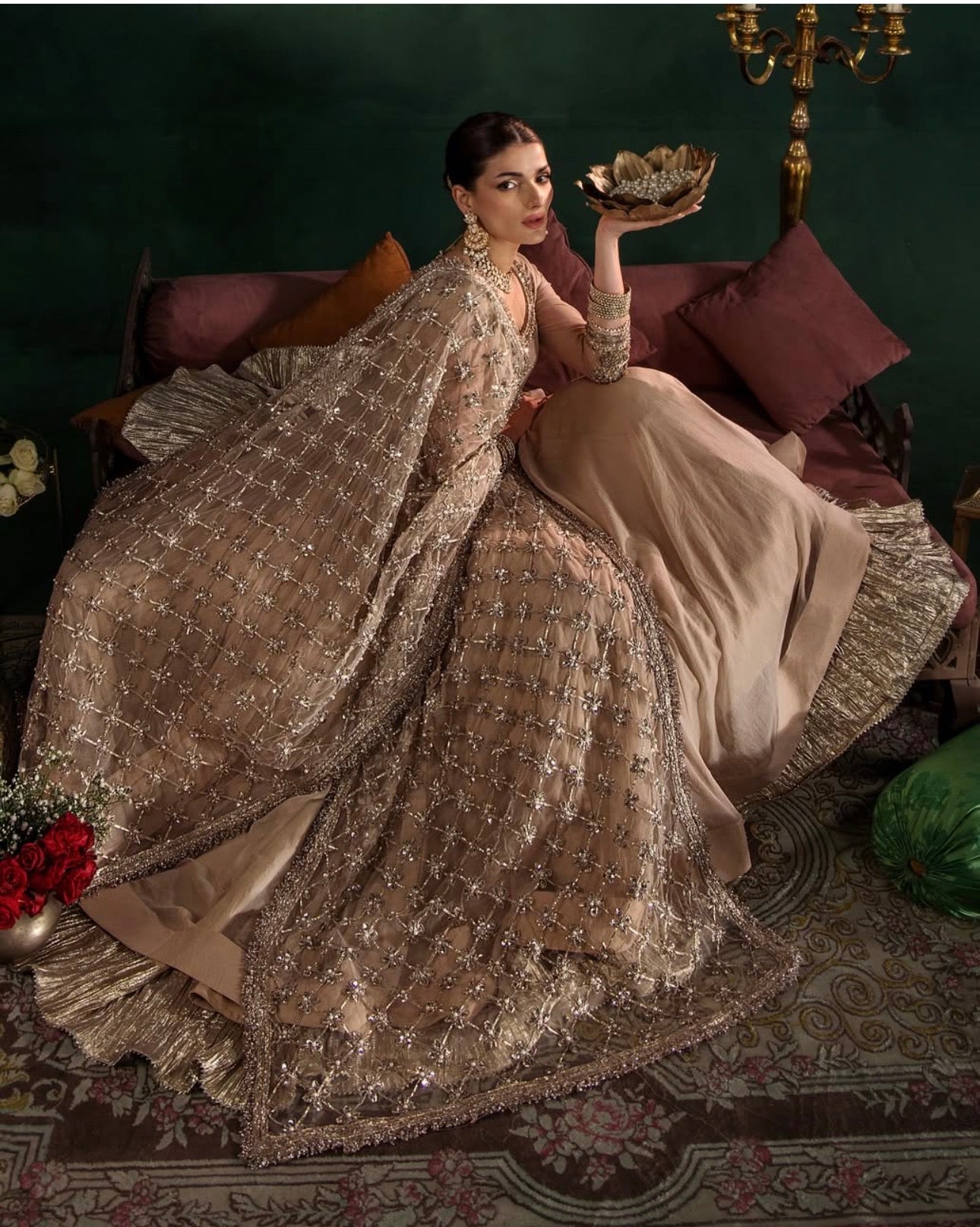 DILRUBA | 3 piece embroidered chiffon Bridal Anarkali suit - Champagne Beige