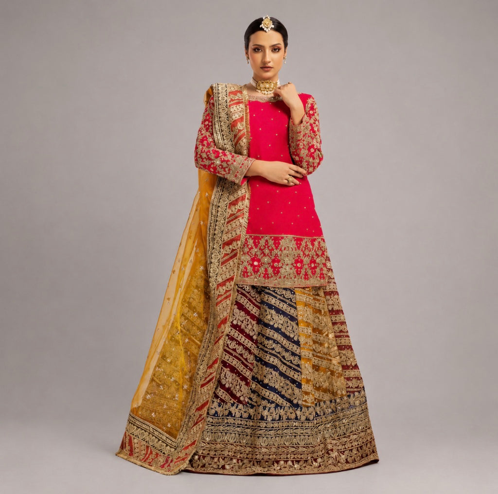 MEHNDI KI RAAT | 3 piece Embroidered Bridal Mayon/Mehndi Lehenga Dress