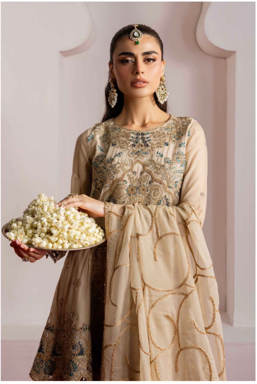 ALANI Champagne Beige | 3 piece Embroidered chiffon Peplum Suit