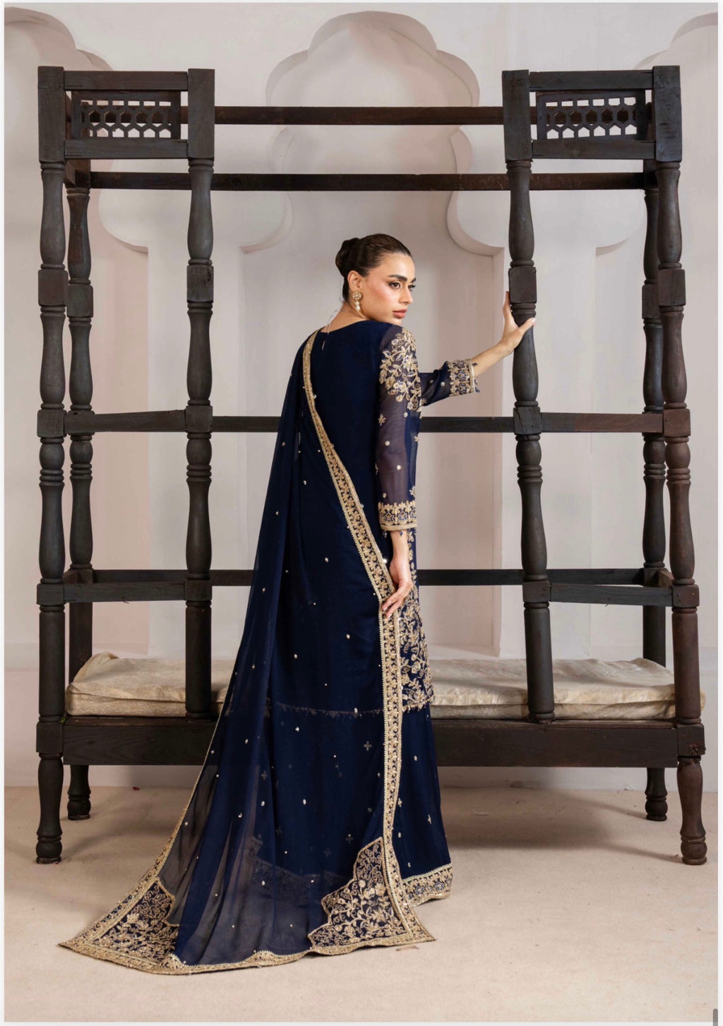 ALANI Navy Blue | 3 piece Embroidered chiffon sharara Suit