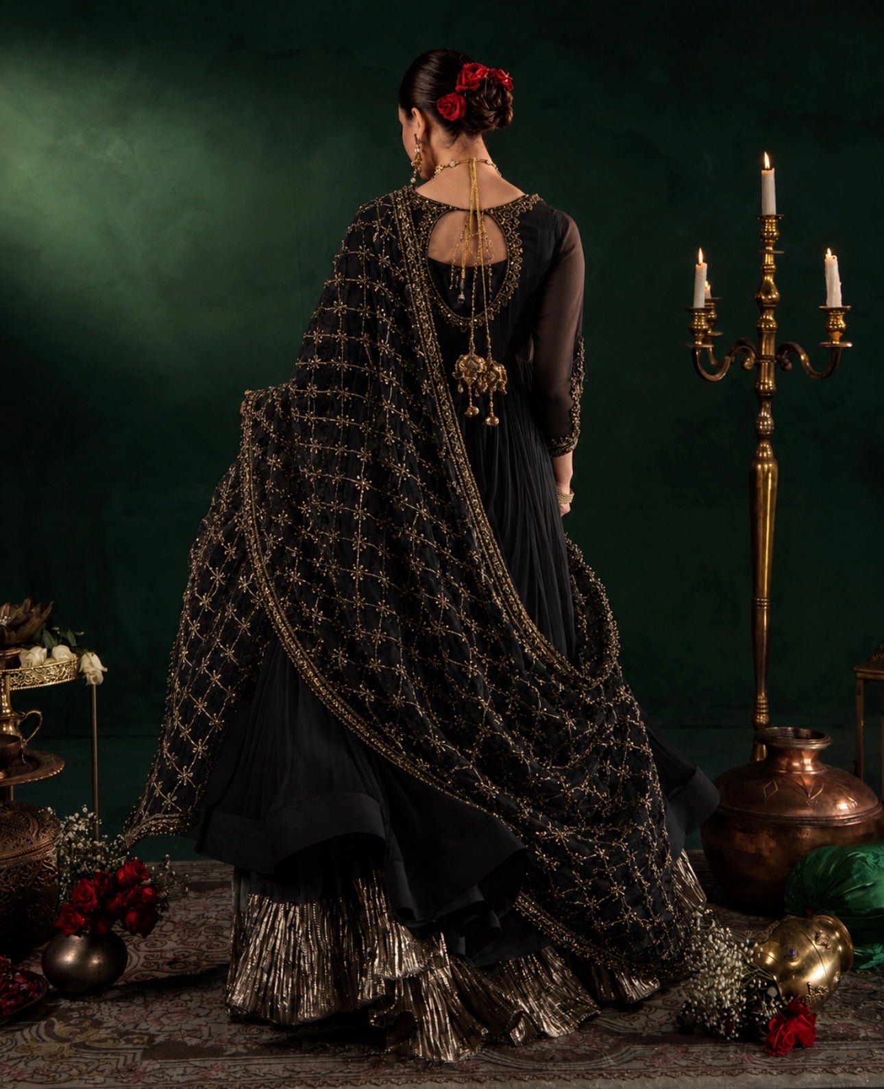 DILRUBA | 3 piece embroidered chiffon Anarkali wedding suit - BLACK