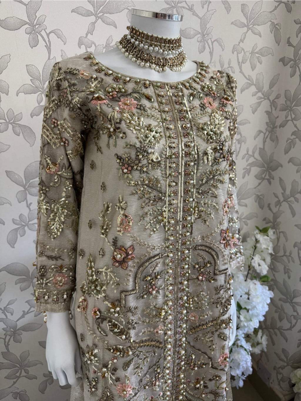 PEARLS | Pearl Champagne Hand Embellished Luxury 3 pcs Suit