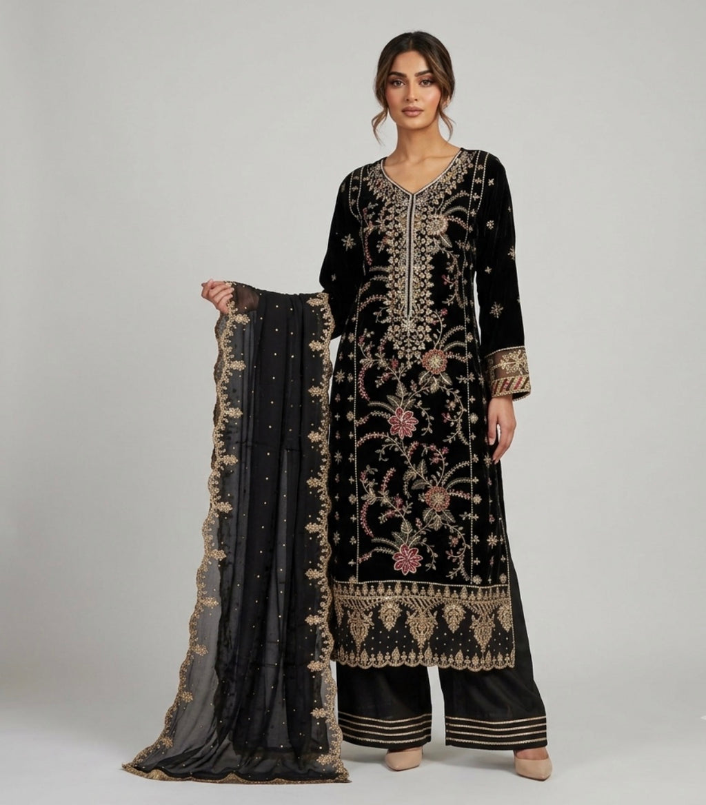 MAHRUKH | 3 piece Heavy Embroidered velvet wedding Suit