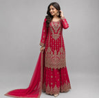 RAHA | 3 piece Heavy Embroidered chiffon Gharara Suit