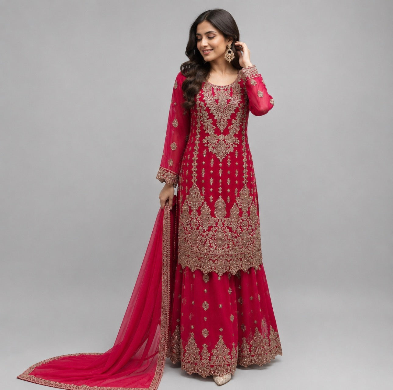 RAHA | 3 piece Heavy Embroidered chiffon Gharara Suit