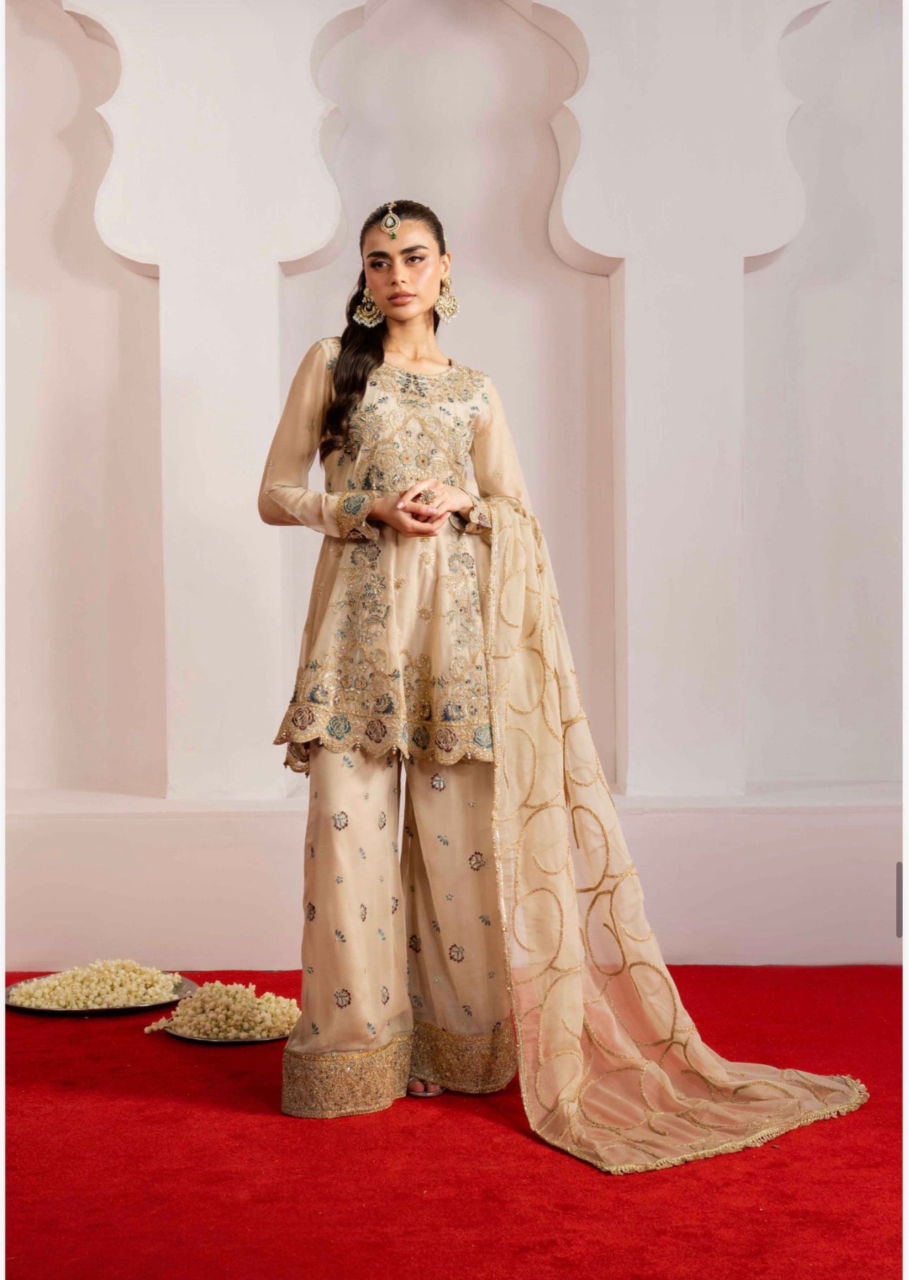 ALANI Champagne Beige | 3 piece Embroidered chiffon Peplum Suit