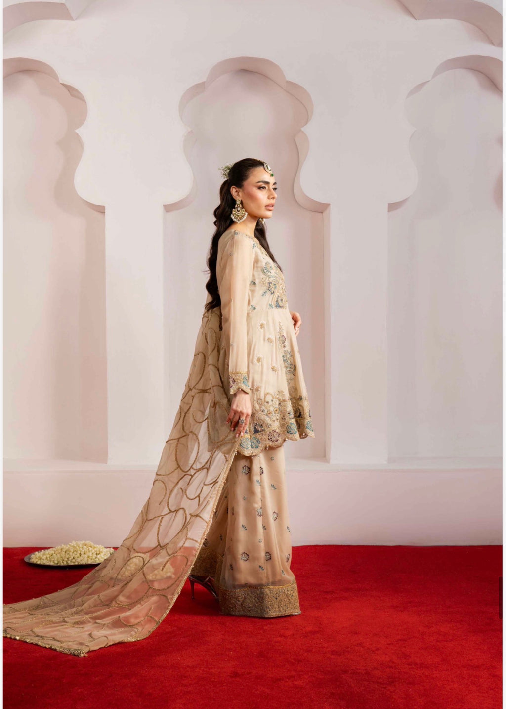 ALANI Champagne Beige | 3 piece Embroidered chiffon Peplum Suit