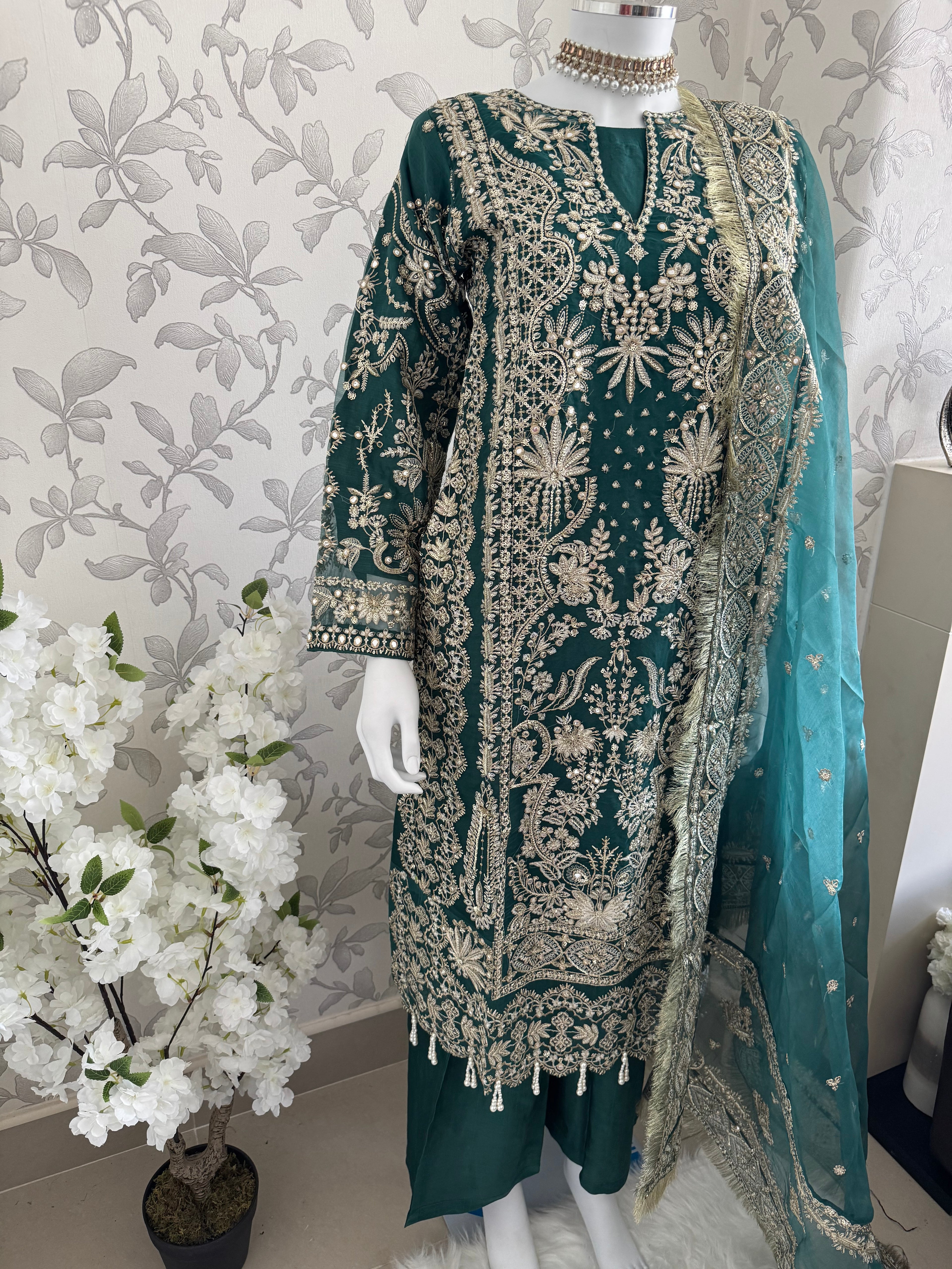 AFROZ Emerald | 3 piece Embroidered soft Organza Suit