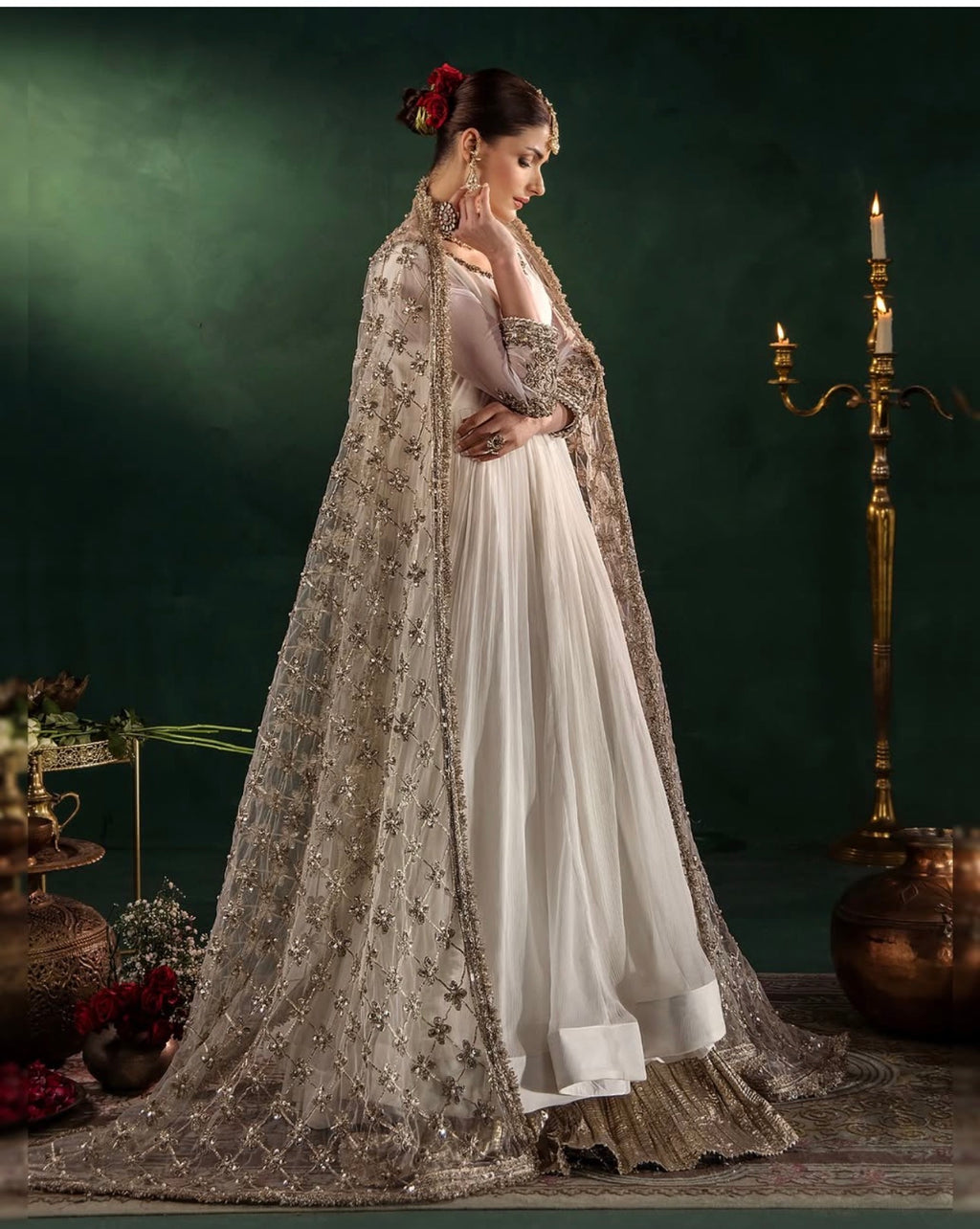 DILRUBA | 3 piece embroidered chiffon wedding wear Anarkali suit - white