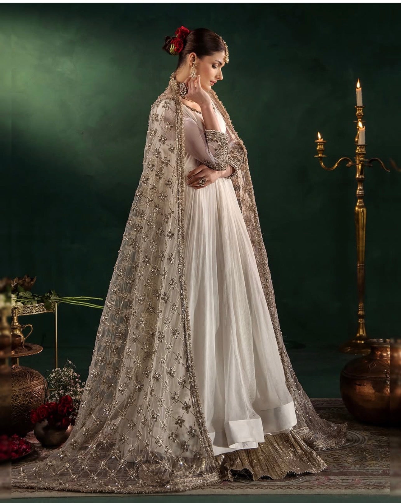 DILRUBA | 3 piece embroidered chiffon wedding wear Anarkali suit - white