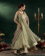 DILRUBA | 3 piece Embroidered chiffon Bridal Anarkali suit- Sage green