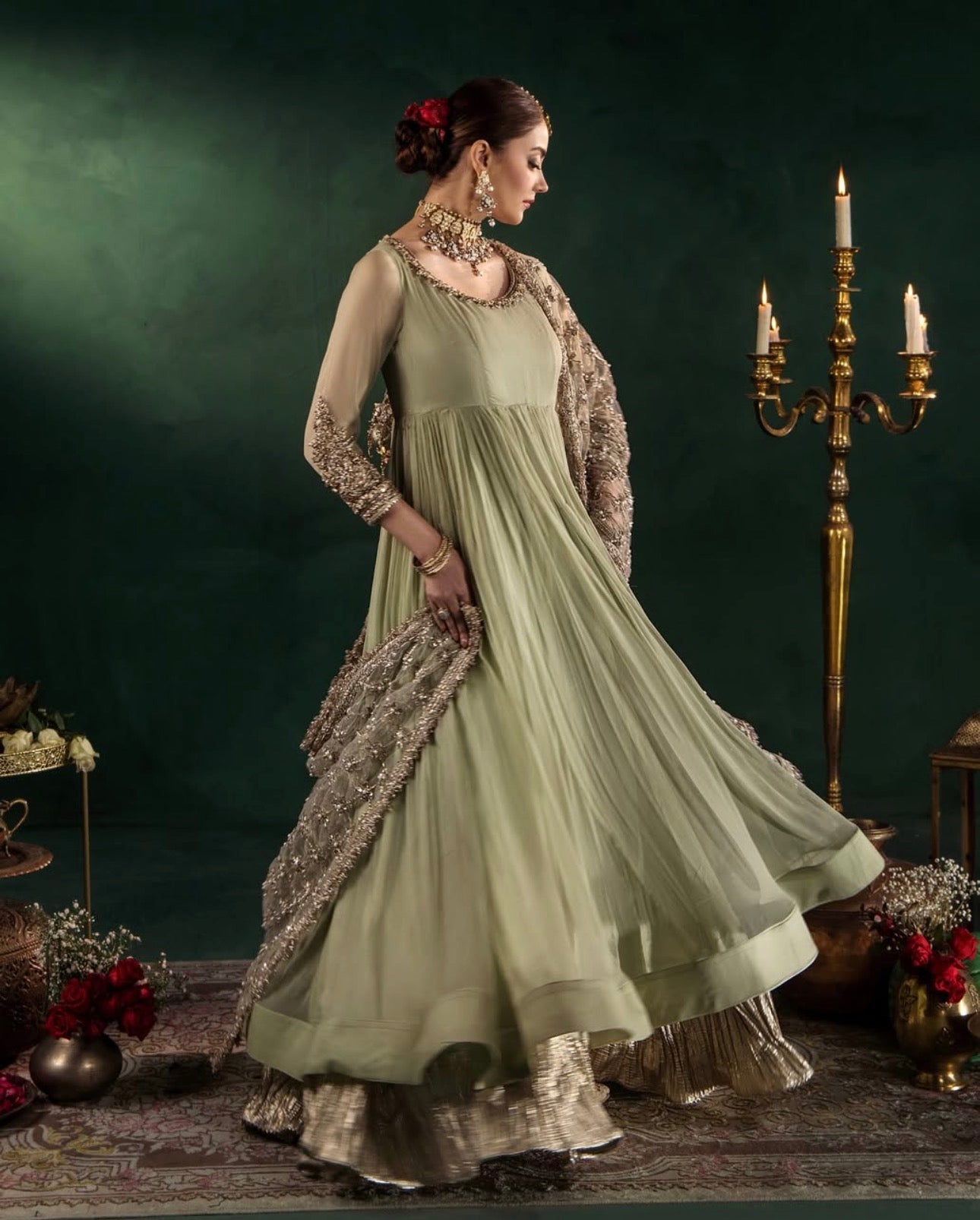 DILRUBA | 3 piece Embroidered chiffon Bridal Anarkali suit- Sage green