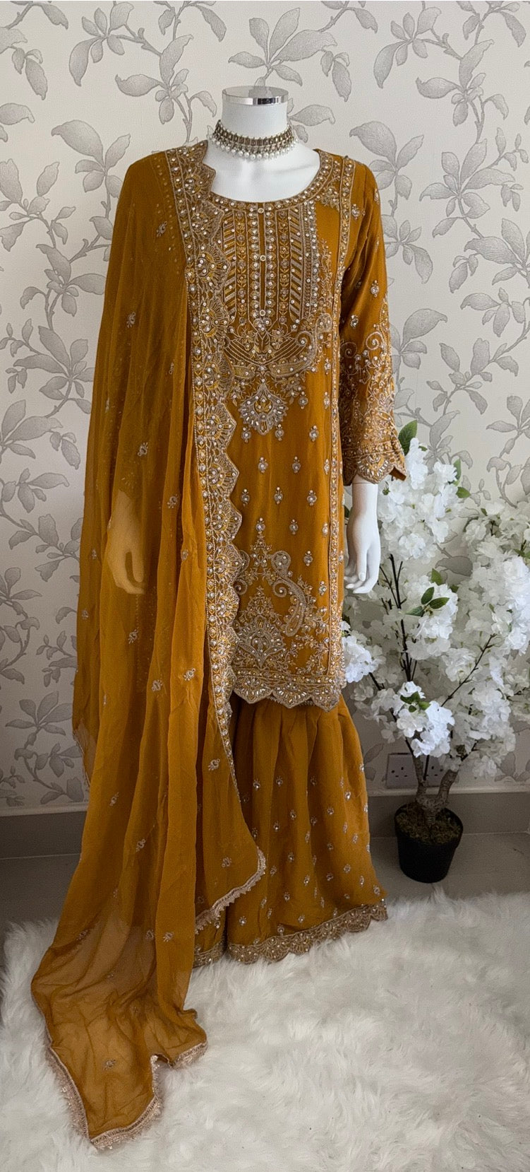 SAFFA | 3 piece Embroidered Chiffon Gharara Suit