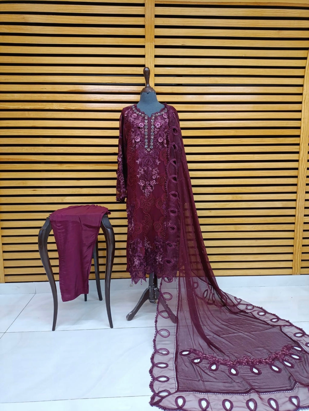 Luxury Maroon Embroidered chiffon Pakistani suit | Women’s Party & Wedding Wear