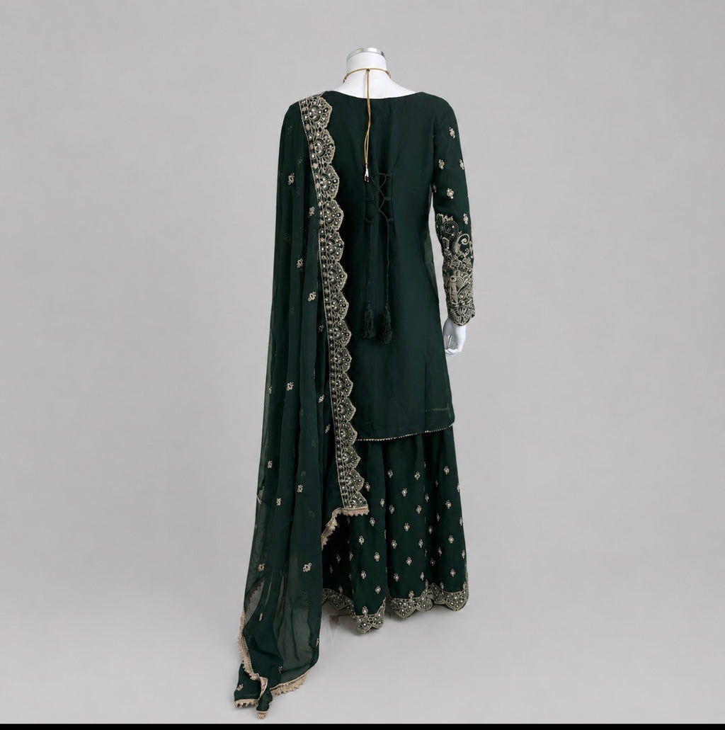 SAFFA | 3 piece Embroidered Chiffon Gharara Suit