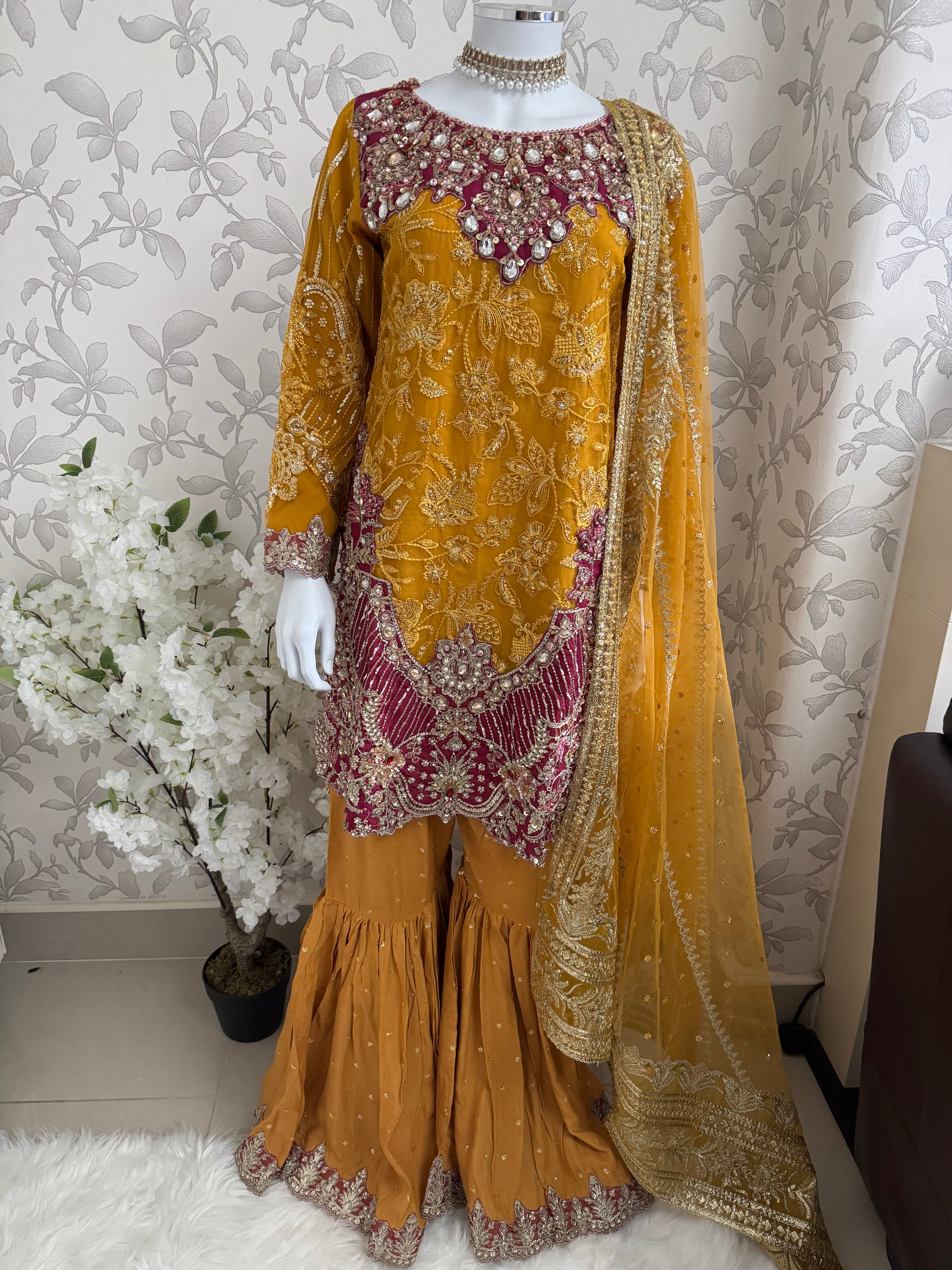 IMROZIAA | 3 piece Embroidered chiffon wedding Gharara Suit
