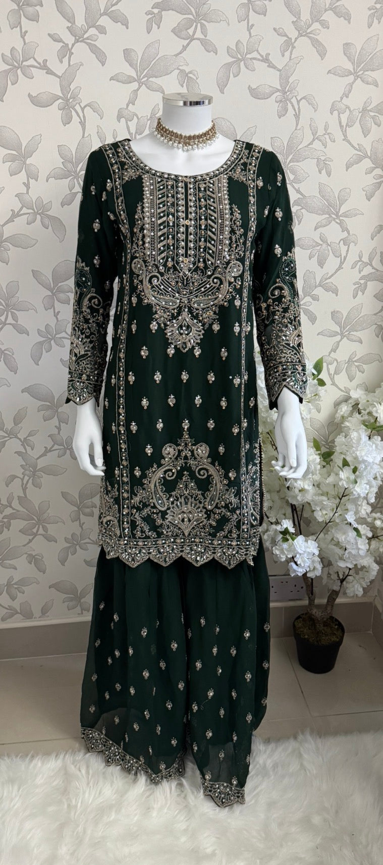 SAFFA | 3 piece Embroidered Chiffon Gharara Suit