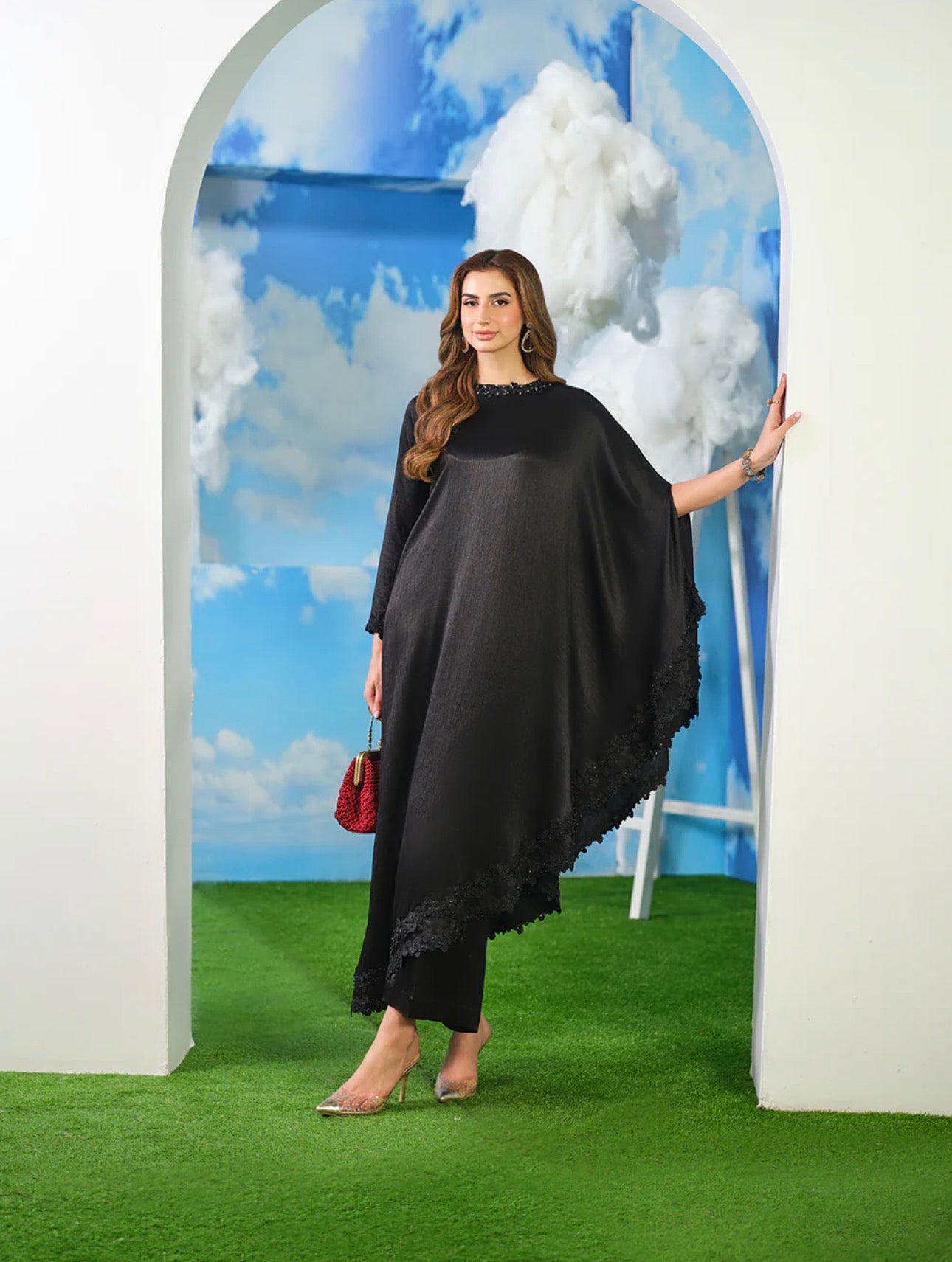 Black Luxe silk Cape Sleeve Modest Dress