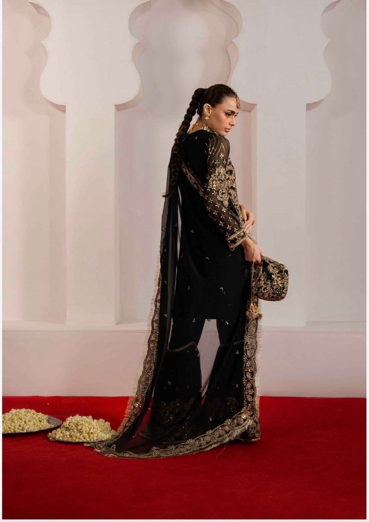 ALANI Black | 4 piece Embroidered chiffon Gharara Suit
