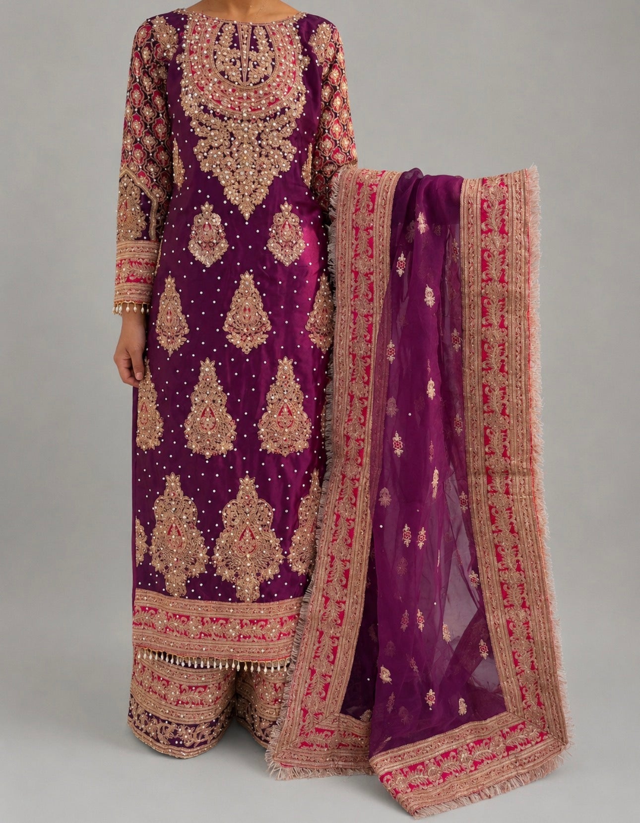 MAAHI | 3 piece Heavy Embroidered Silk wedding wear suit- DEEP PURPLE