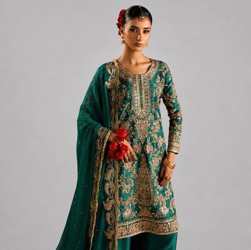 ZAMARUD | 3 piece heavy Embroidered silk pakistani mehndi/mayon wedding suit