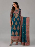 MAAHI | 3 piece heavy Embroidered silk wedding wear suit- TEAL