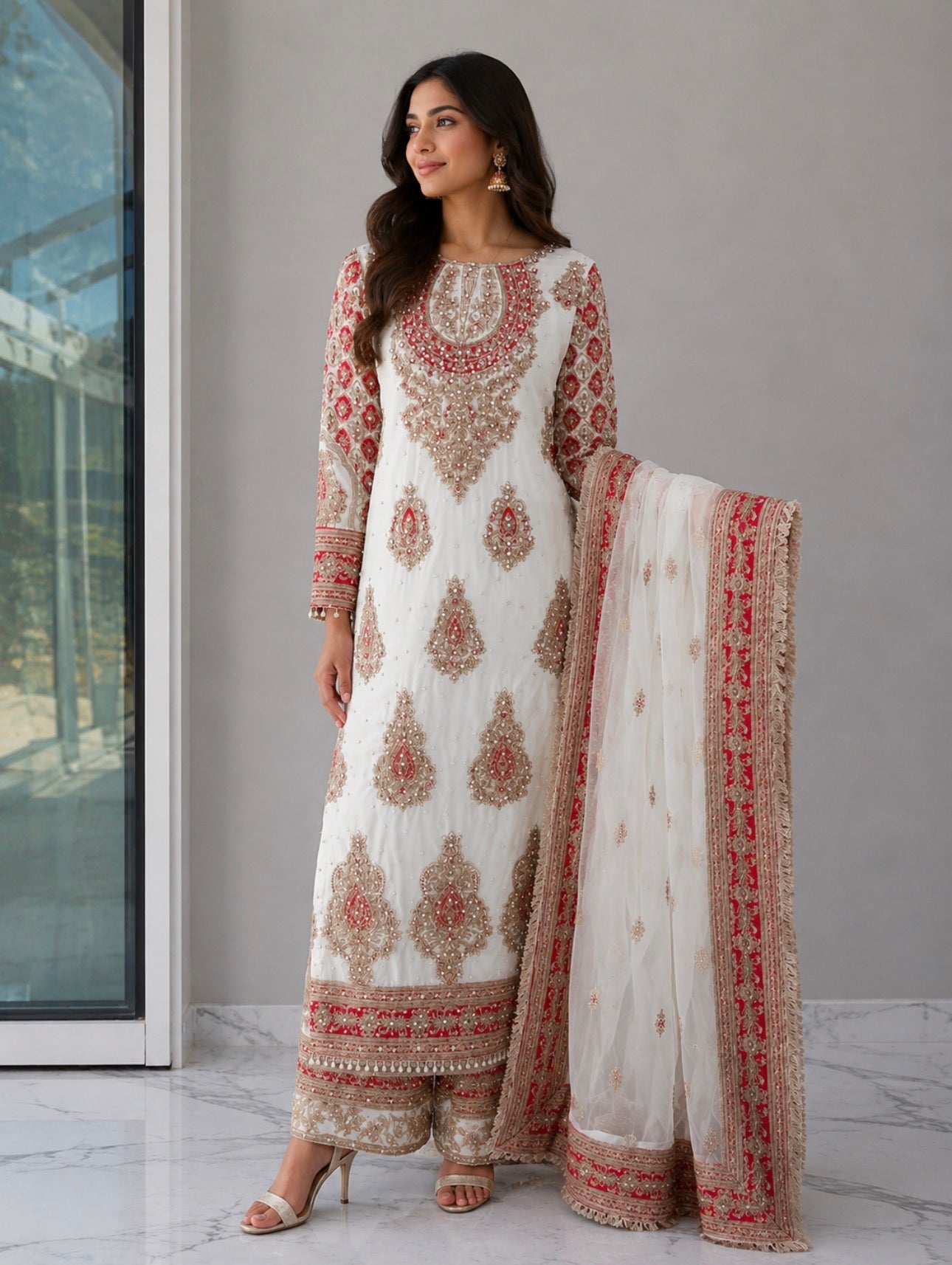 MAAHI | 3 piece Heavy Embroidered silk wedding wear suit- IVORY