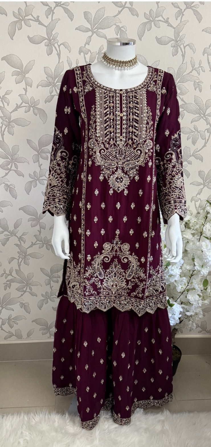 SAFFA | 3 piece Embroidered Chiffon Gharara Suit