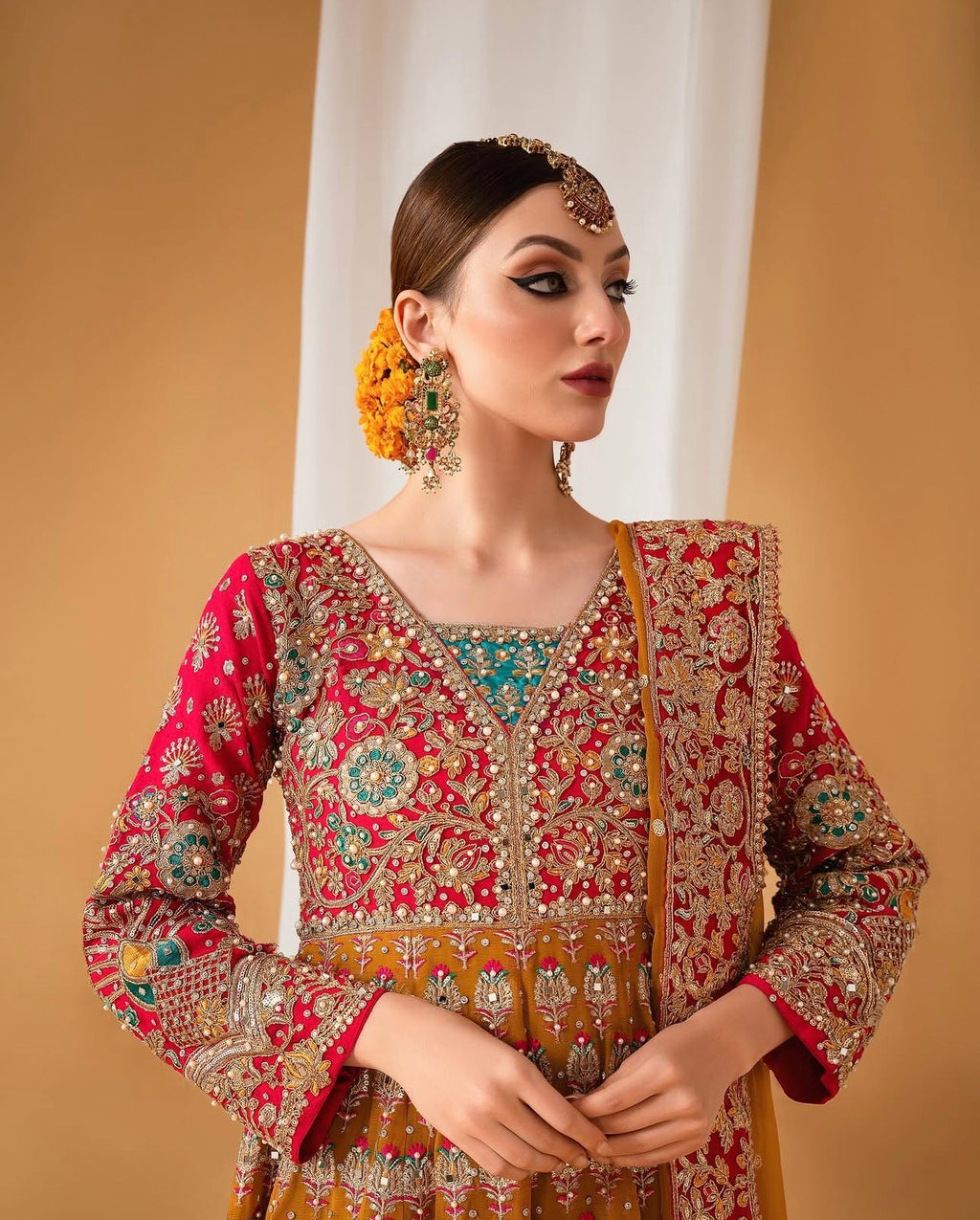SATRANGI | 4 piece heavy Embroidered Chiffon Bridal Mayon Maxi suit