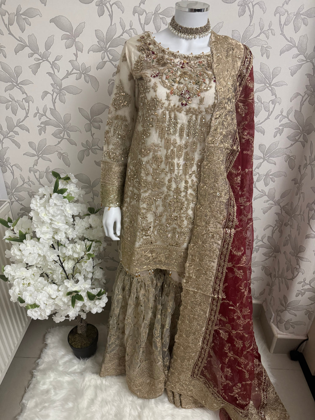 DULHAN | 3 piece heavy Embroidered Net Pakistani wedding Bridal Gharara Suit