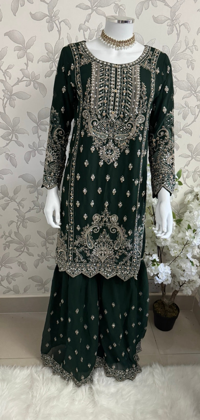 SAFFA | 3 piece Embroidered Chiffon Gharara Suit