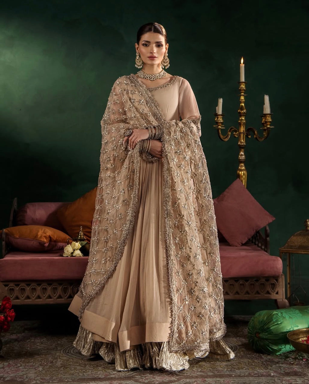 DILRUBA | 3 piece embroidered chiffon Bridal Anarkali suit - Champagne Beige