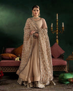 DILRUBA | 3 piece embroidered chiffon Bridal Anarkali suit - Champagne Beige