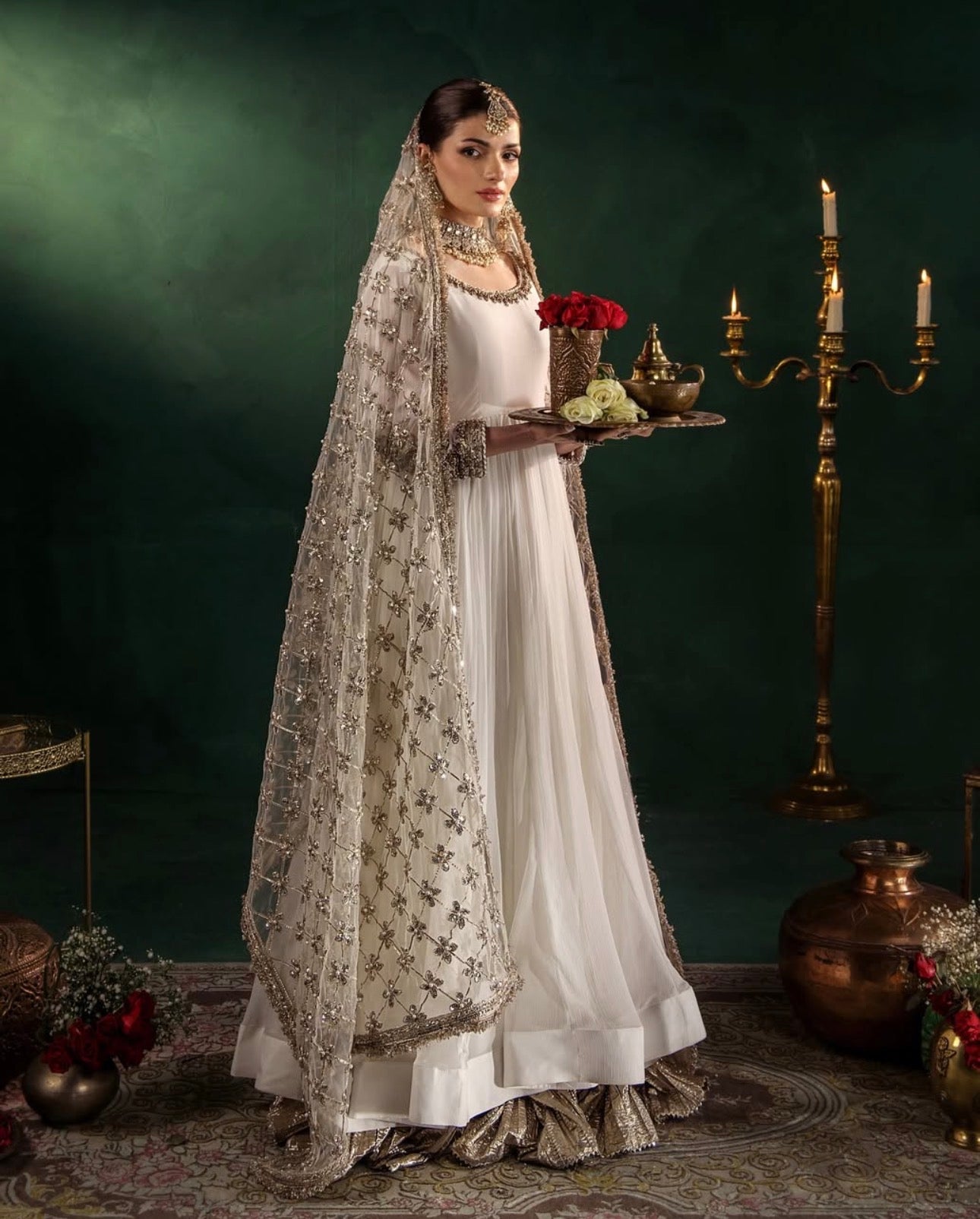 DILRUBA | 3 piece embroidered chiffon wedding wear Anarkali suit - white
