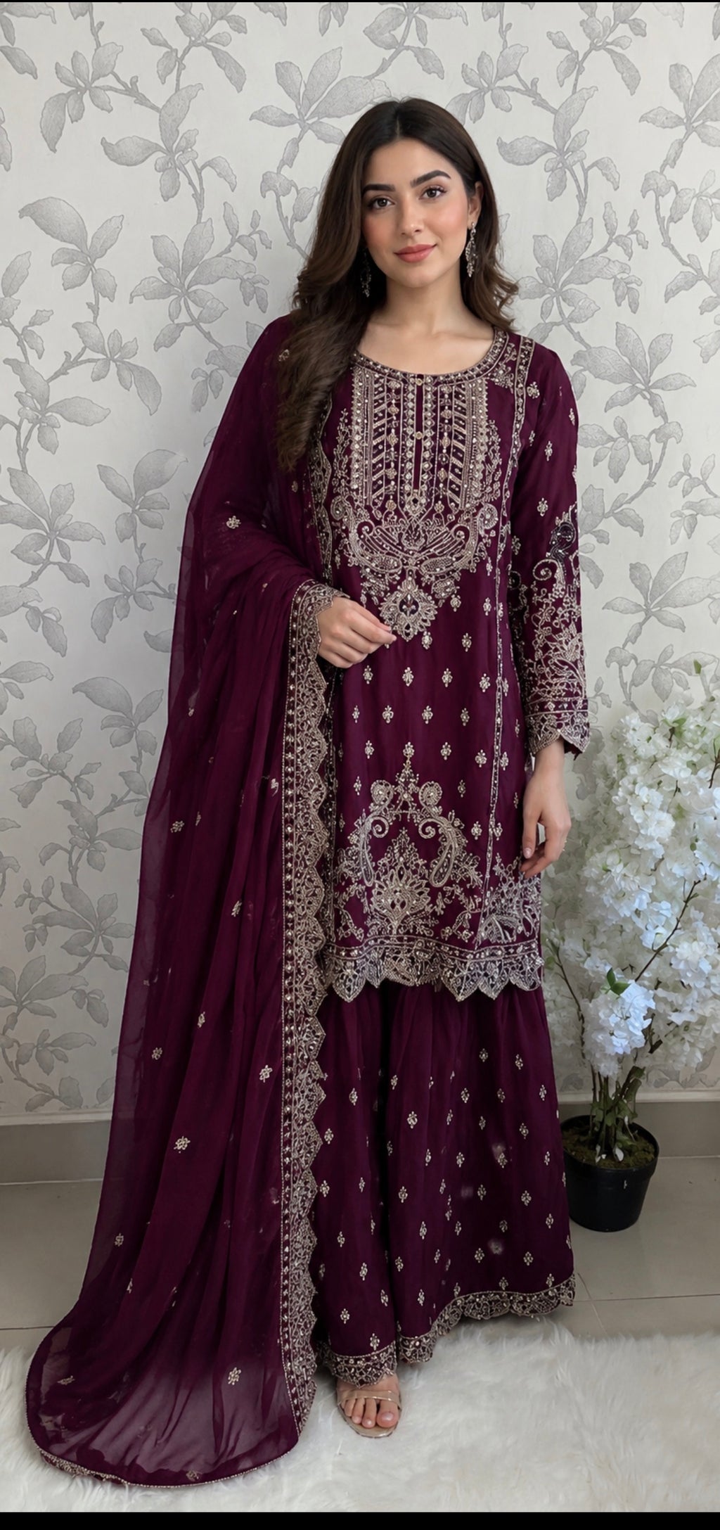 SAFFA | 3 piece Embroidered Chiffon Gharara Suit