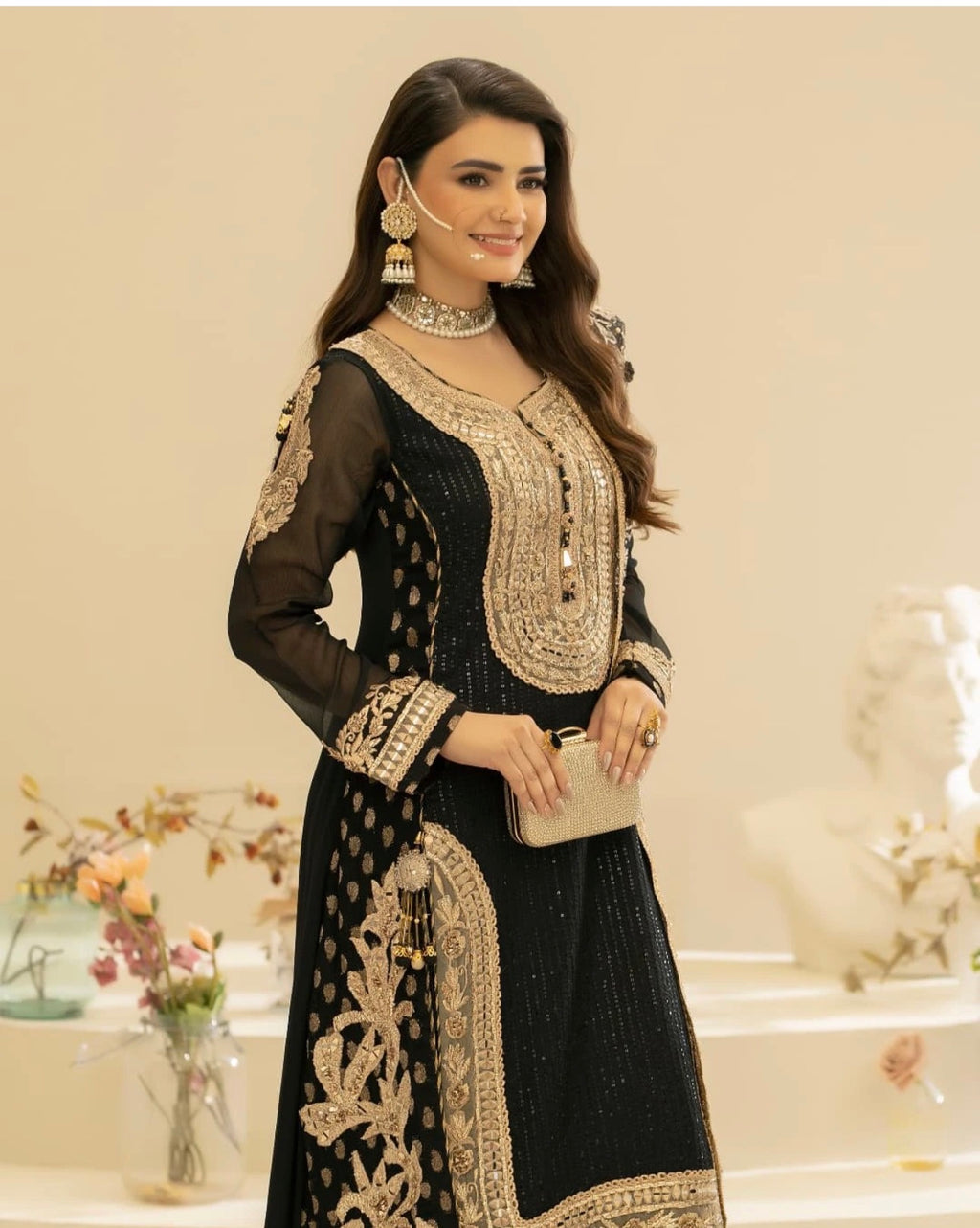 Black Embroidered 3 piece Sharara Suit | Pakistani Wedding Guest Dress
