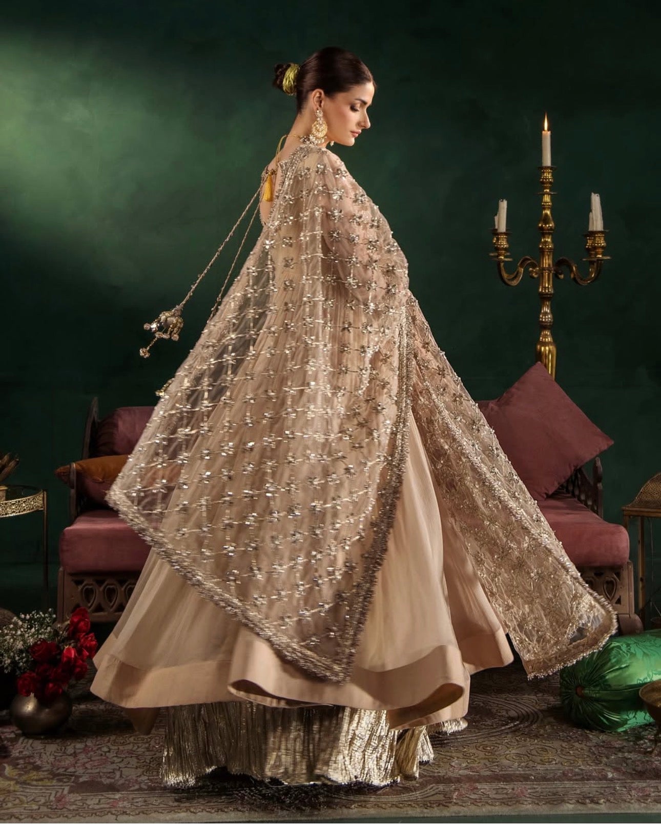 DILRUBA | 3 piece embroidered chiffon Bridal Anarkali suit - Champagne Beige