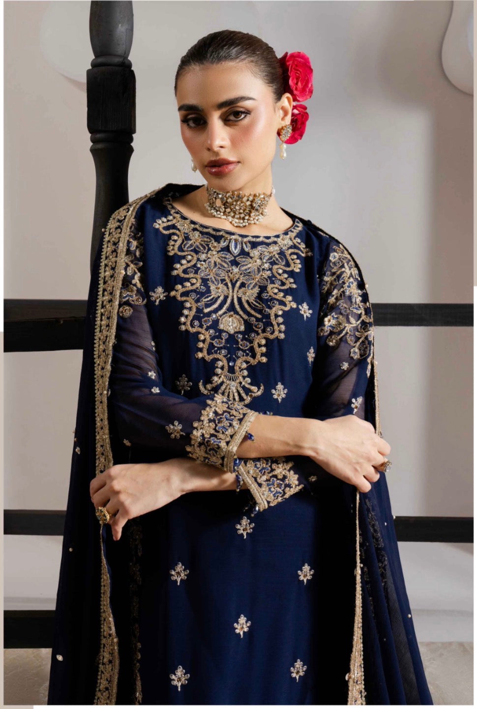 ALANI Navy Blue | 3 piece Embroidered chiffon sharara Suit