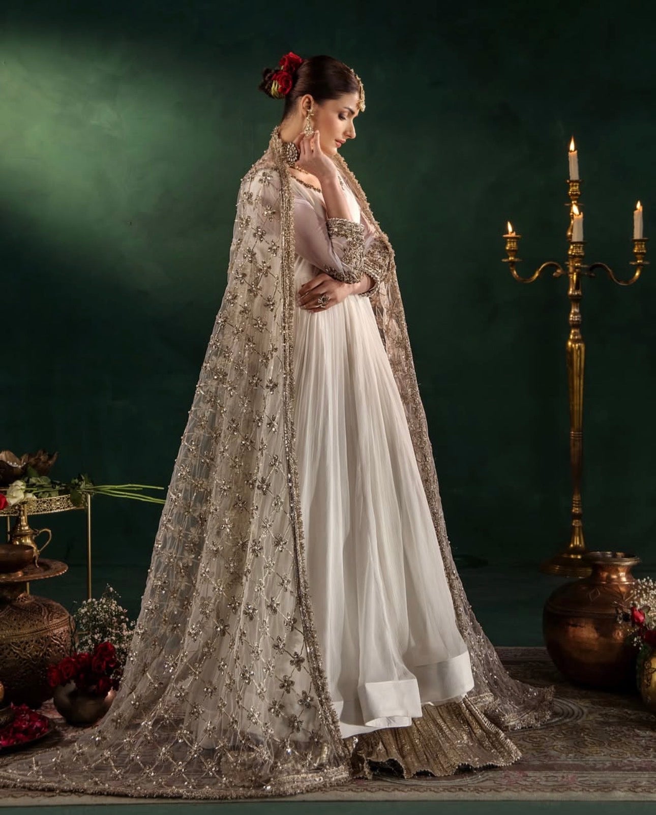 DILRUBA | 3 piece embroidered chiffon wedding wear Anarkali suit - white