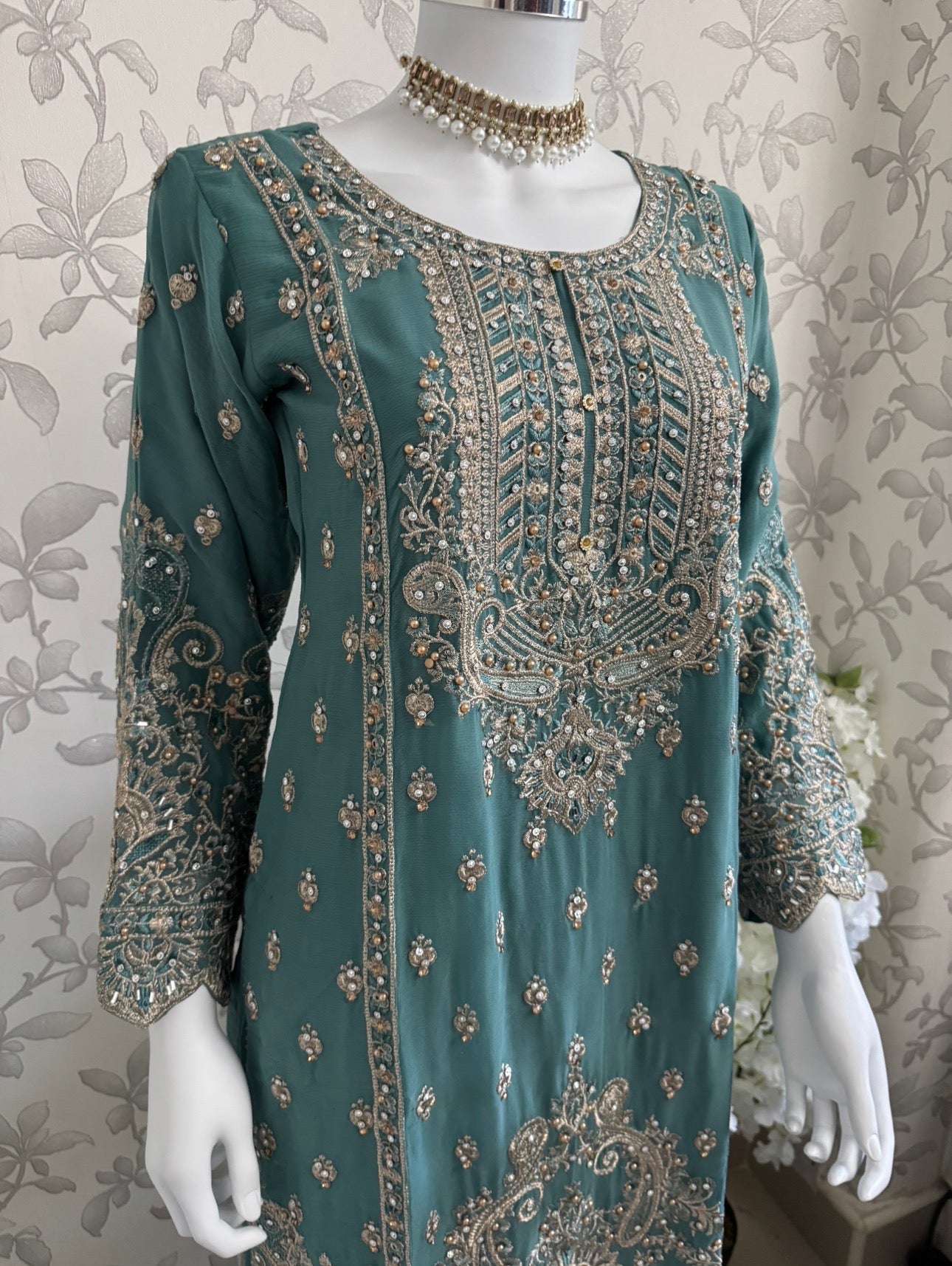 SAFFA | 3 piece Embroidered Chiffon Gharara Suit
