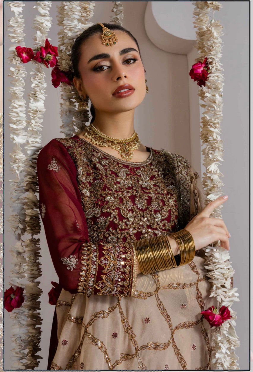 ALANI Royal Maroon | 3 pieces heavy embroidered chiffon Maxi Dress
