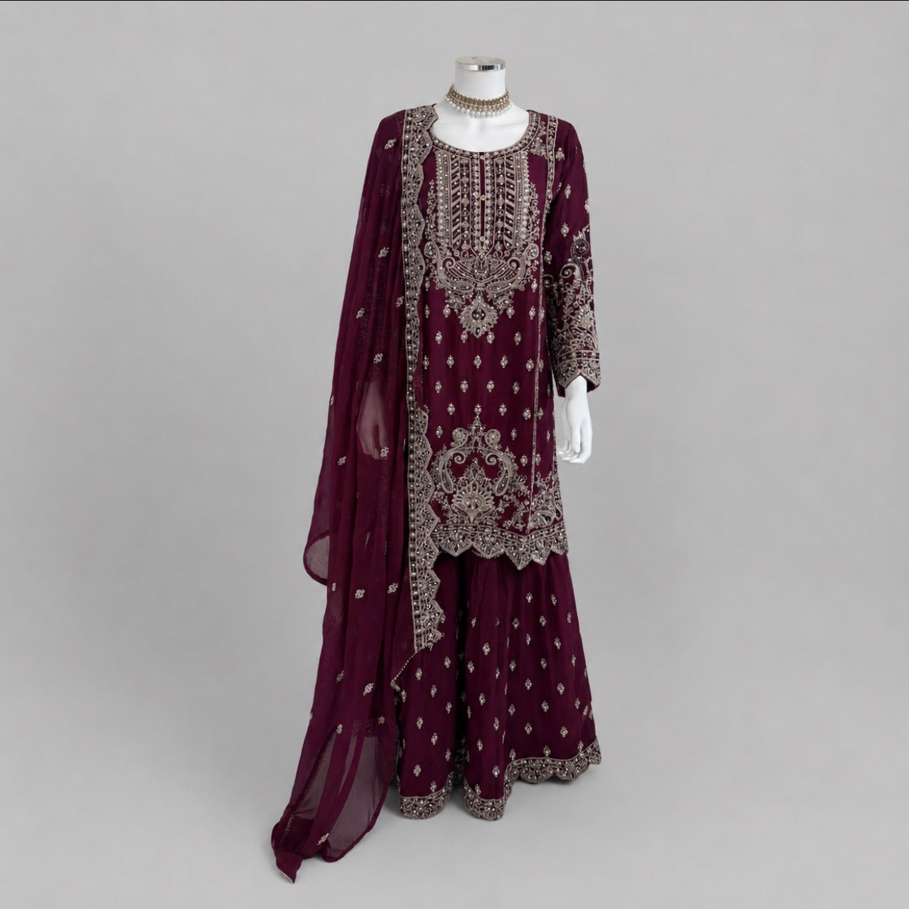 SAFFA | 3 piece Embroidered Chiffon Gharara Suit