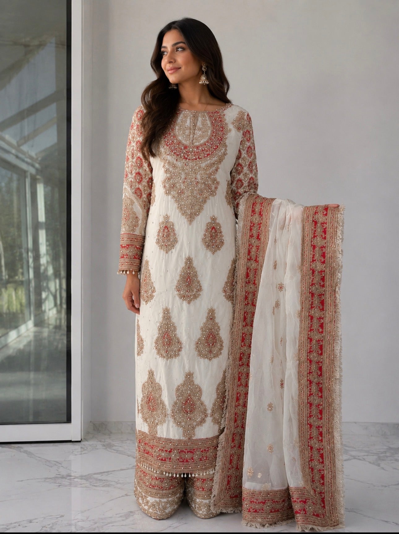 MAAHI | 3 piece Heavy Embroidered silk wedding wear suit- IVORY