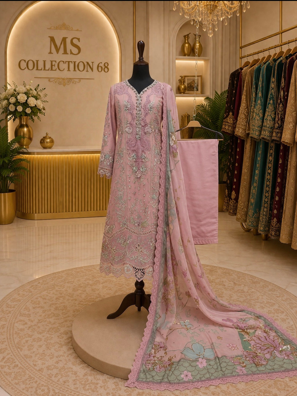 Blush Pink | 3 piece heavy Embroidered Chiffon Suit