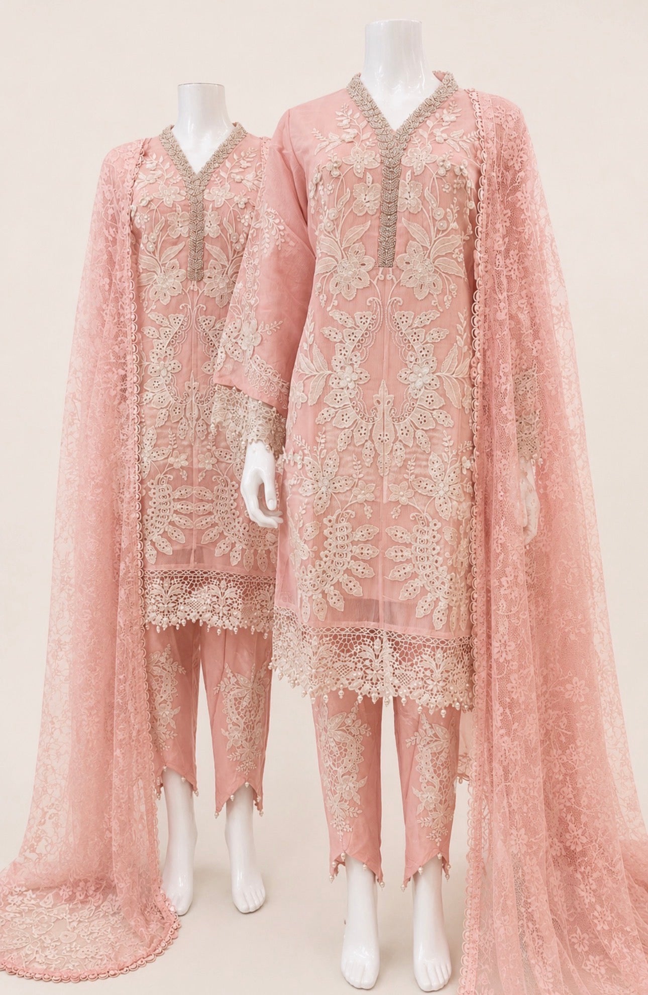 Rose Quartz | 3 piece Luxury Embroidered khaadi Net Suit