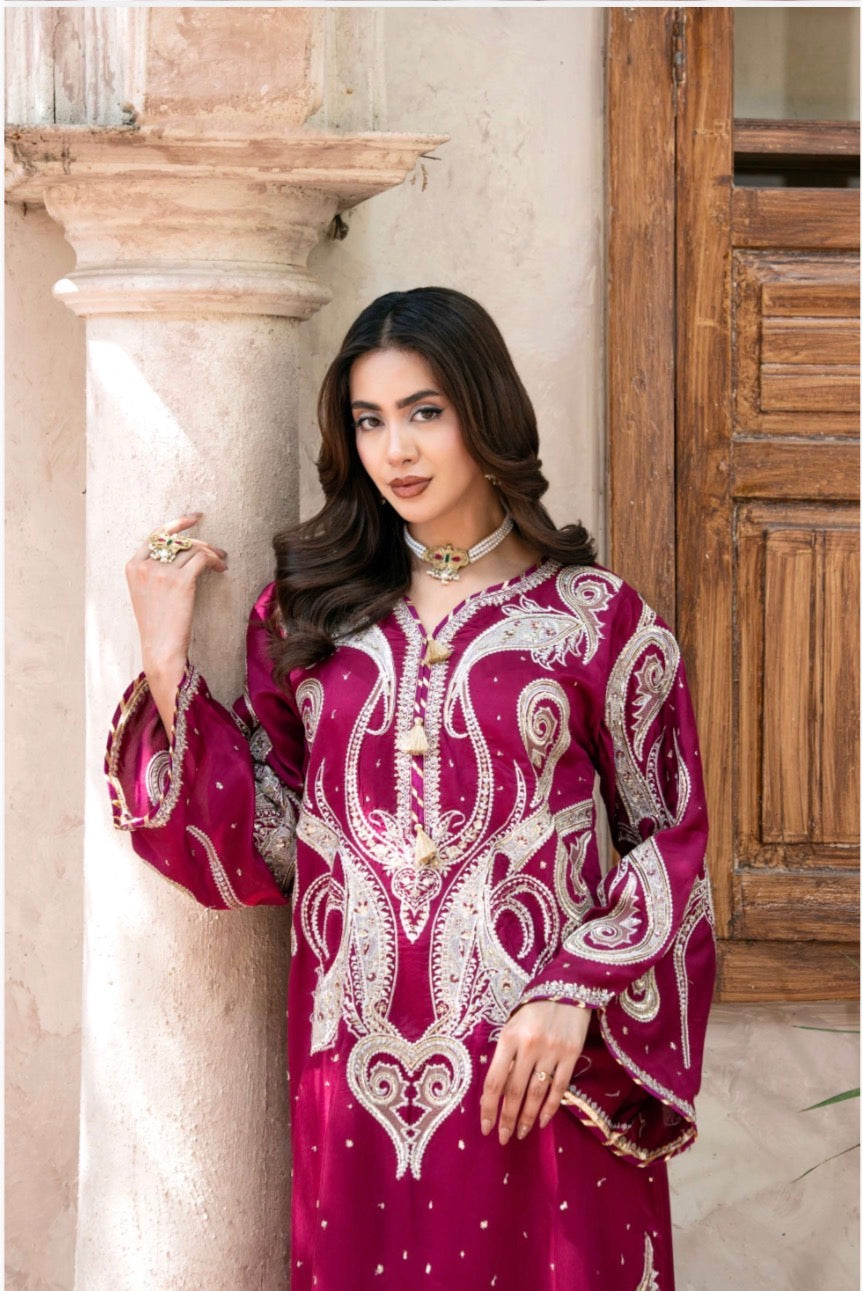 ROYA | 2 piece Magenta Embroidered viscose Kaftan Set Festive & Party Wear