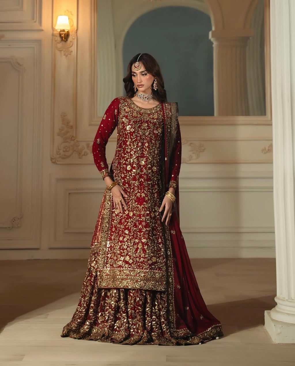 KAMKHAAB | 3 piece Maroon & Gold Embroidered chiffon Bridal Farshi Gharara Set