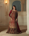KAMKHAAB | 3 piece Maroon & Gold Embroidered chiffon Bridal Farshi Gharara Set
