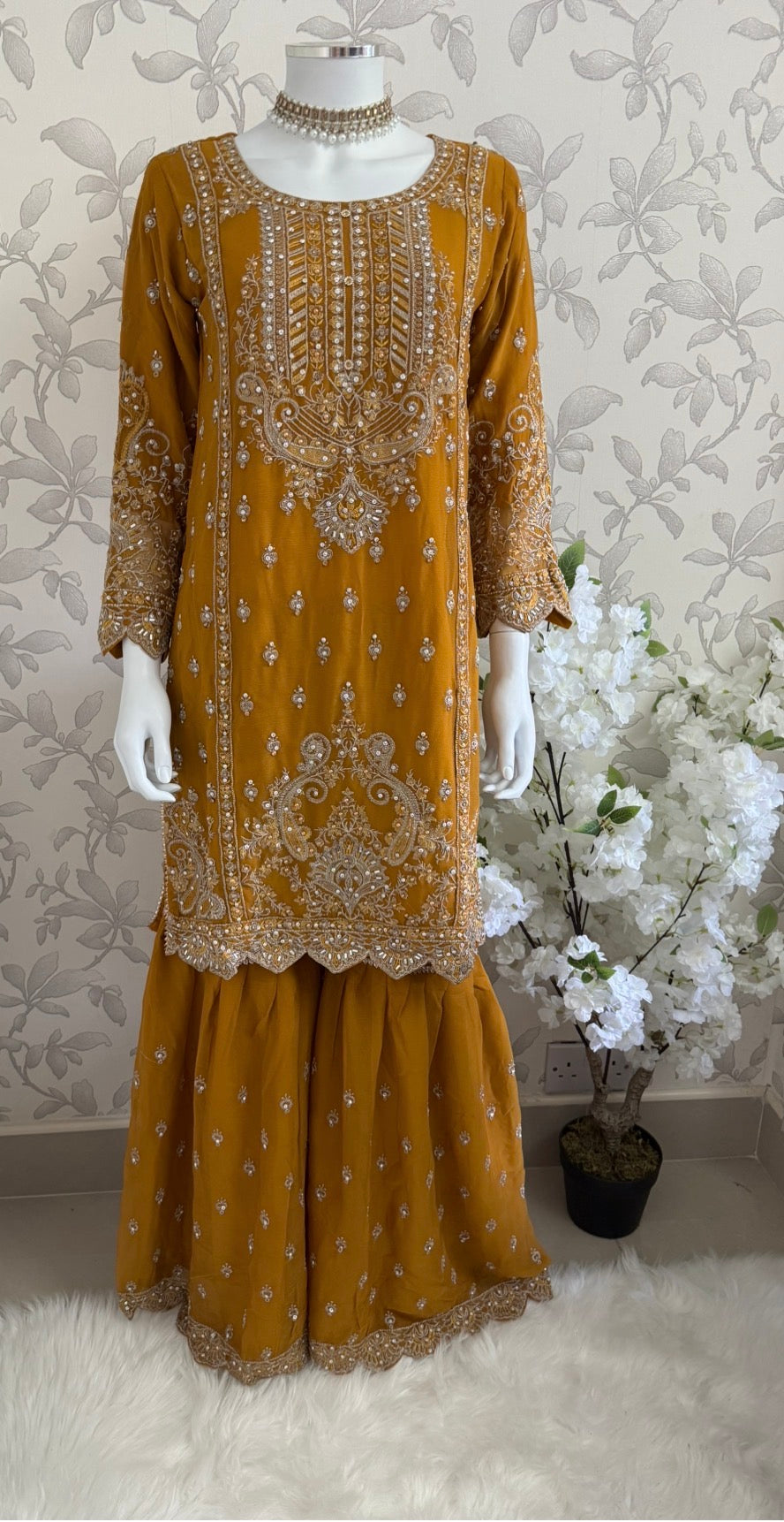 SAFFA | 3 piece Embroidered Chiffon Gharara Suit